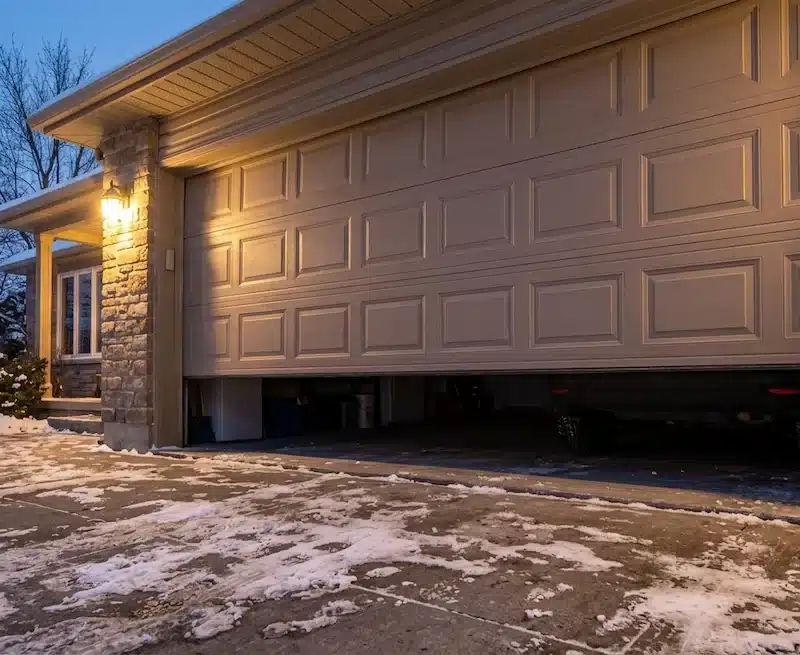 Residential garage door stopped mid-travel on a snowy Ottawa driveway