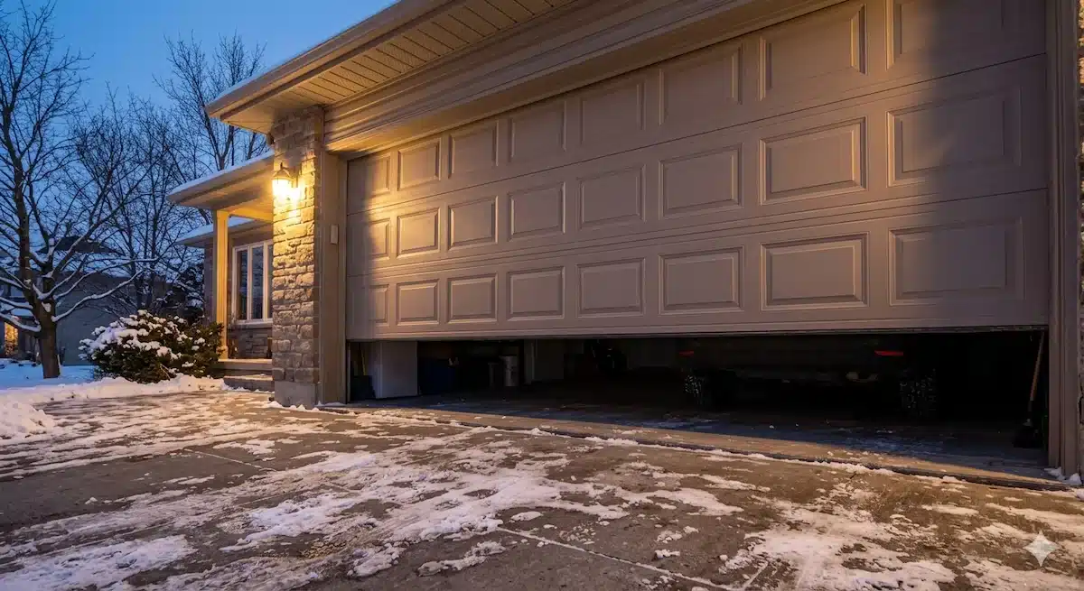 Residential garage door stopped mid-travel on a snowy Ottawa driveway