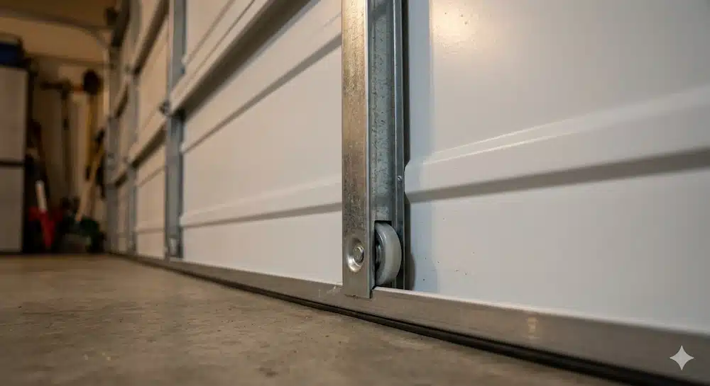 Close-up of a residential garage door track and roller inside a garage