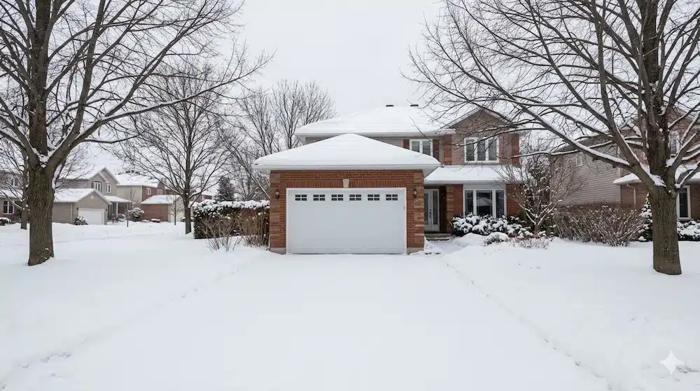Suburban home in Ottawa with a closed garage door and heavy snow on the ground