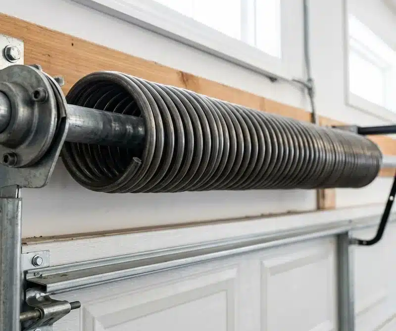 Close-up of a torsion spring mounted on a metal shaft