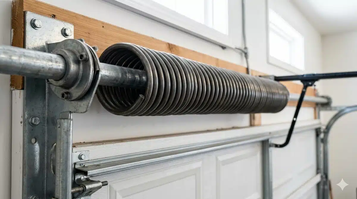 Close-up of a torsion spring mounted on a metal shaft