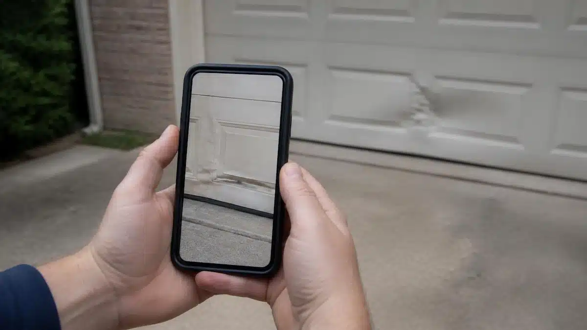Homeowner documenting garage door damage for insurance claim