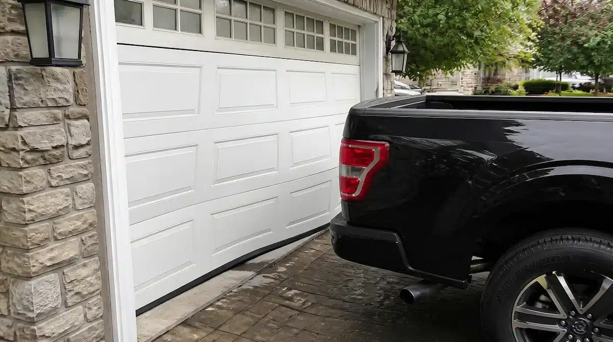 Garage door bowed after being backed into by a pickup truck