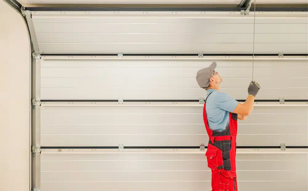 Technician testing the manual release on a residential garage door